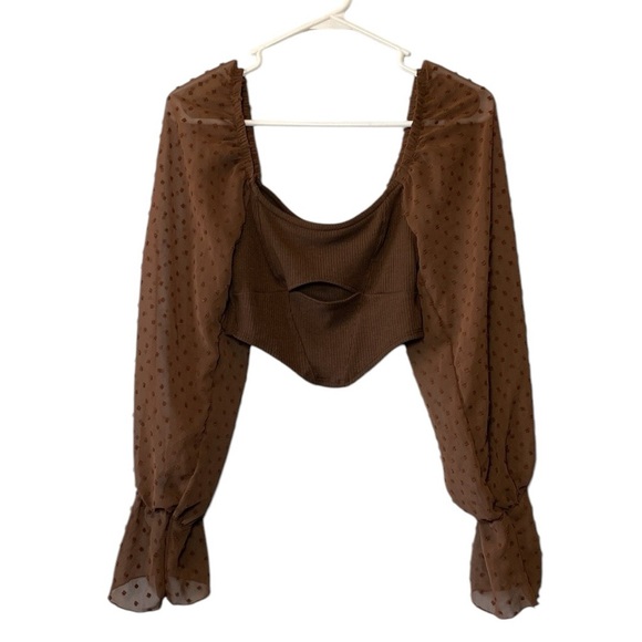 Urban Outfitters Puff Sleeve Blouse Women’s XS Chocolate Brown Cropped Boho Top - Picture 1 of 17
